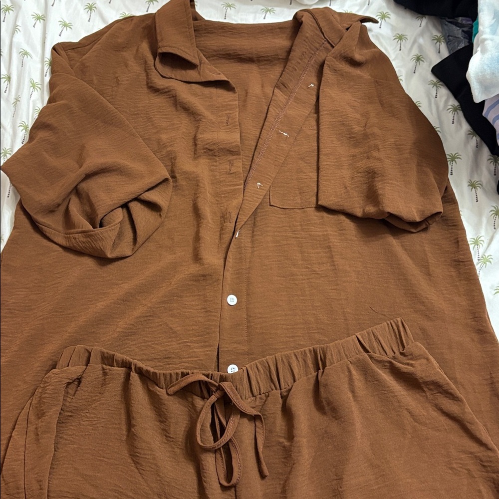 Brown Button-Up Shirt and Pants Set